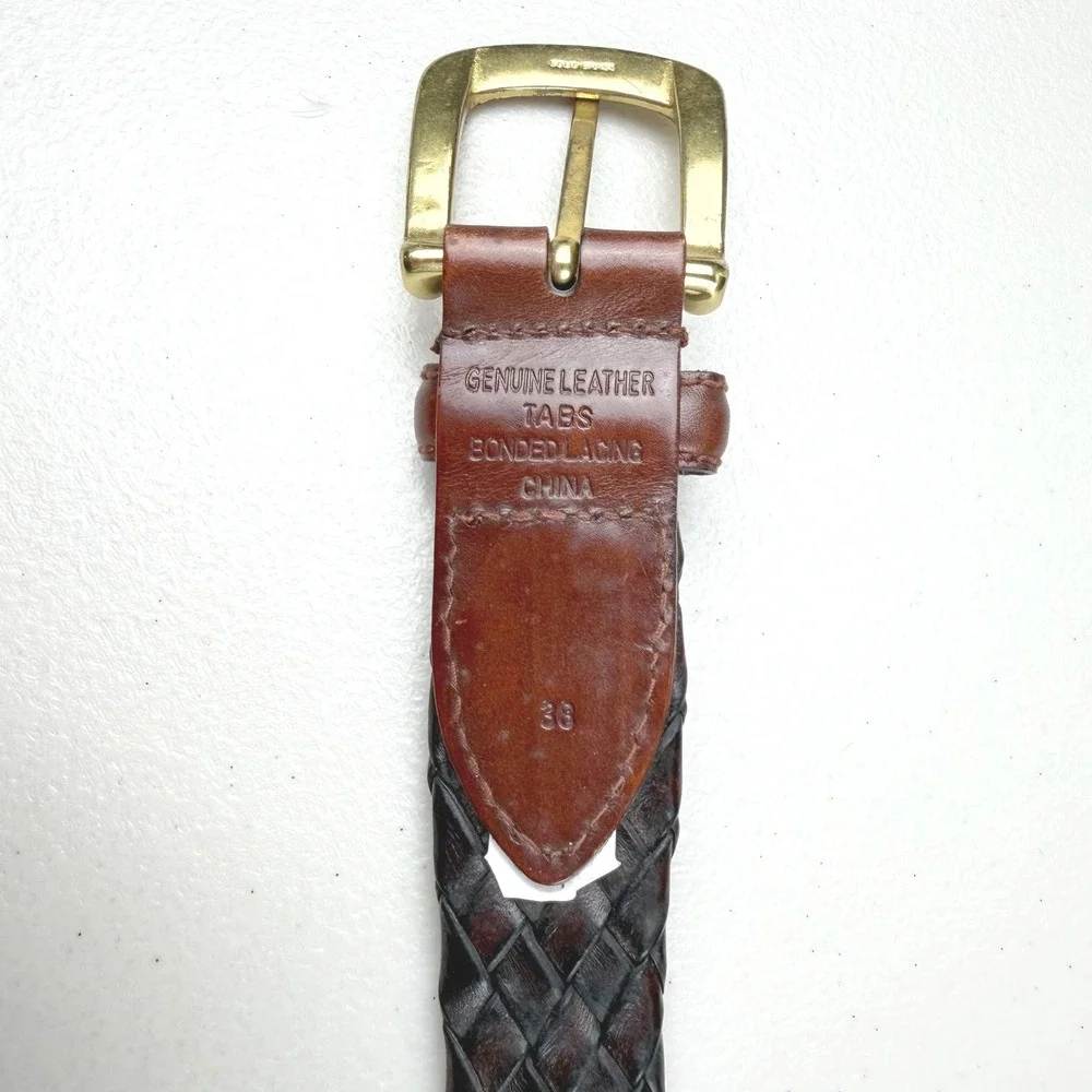 Brown Braided Leather Belt Solid Brass Buckle Woven 38 Mens Classic Mahogany‎